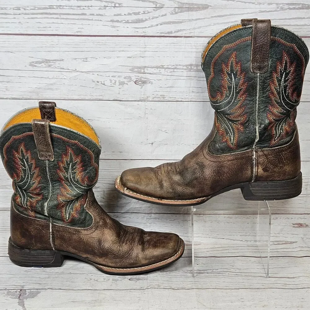 ARIAT Western Boots Brown Green US 4 Leather Embroidered Square Toe 10047010